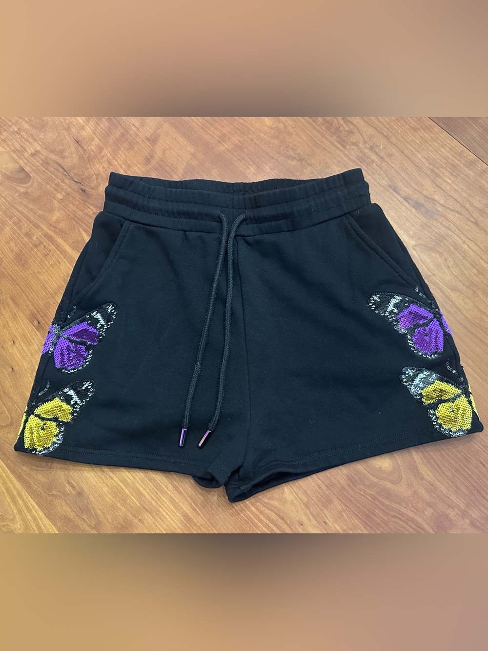 Queen of Sparkles Butterfly Shorts.Black w/Purple & Yellow Butterflies. Size S